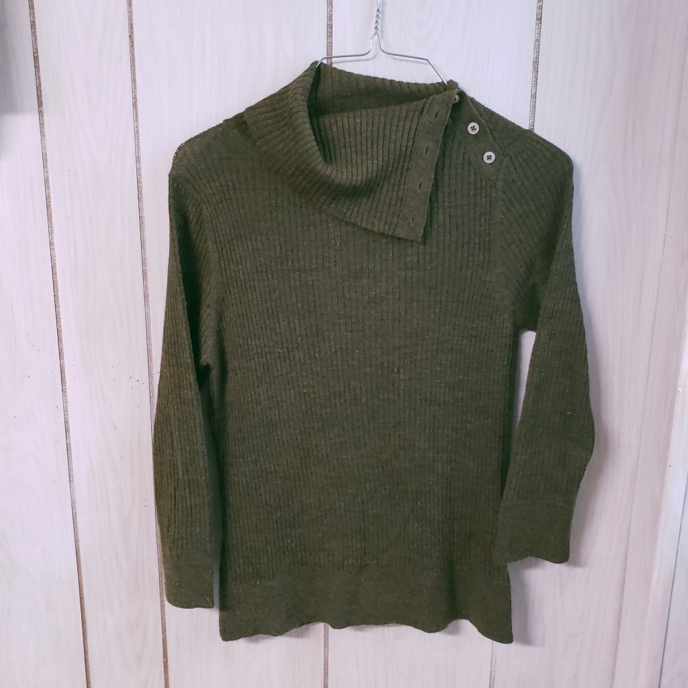 Free People Button Up Turtleneck Forest Green Lightweight Sweater Size L